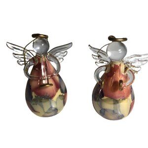 2 Russ Angels of Love Glass Ornament Holding Cymbals & Horn Cream Skirt Gold #96